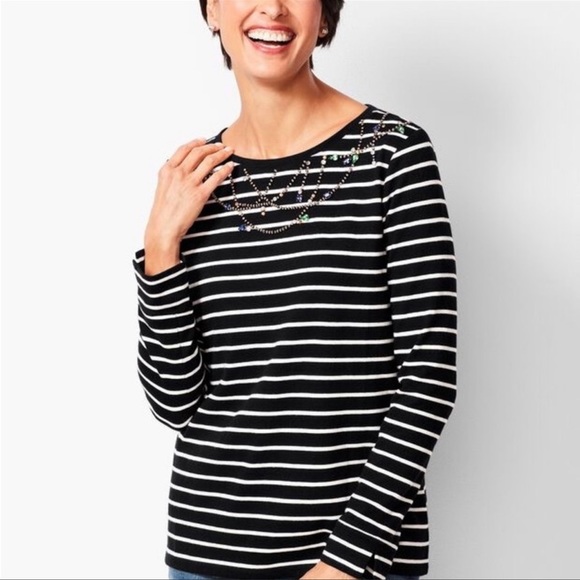TALBOTS Women’s Petites Embellished Long Sleeved Striped‎ Shirt Black/White 1XP - Picture 2 of 11